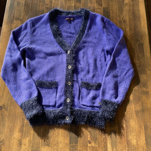 Authentic Juicy Couture Purple Cardigan Sweater- Blk Sparkle, Fluffy Trim Sz 12 - Picture 13 of 15